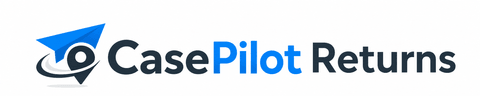 CasePilot Returns logo on a white background, featuring a blue and black paper airplane icon with a circular target and the words 'CasePilot Returns' in dark gray and blue.